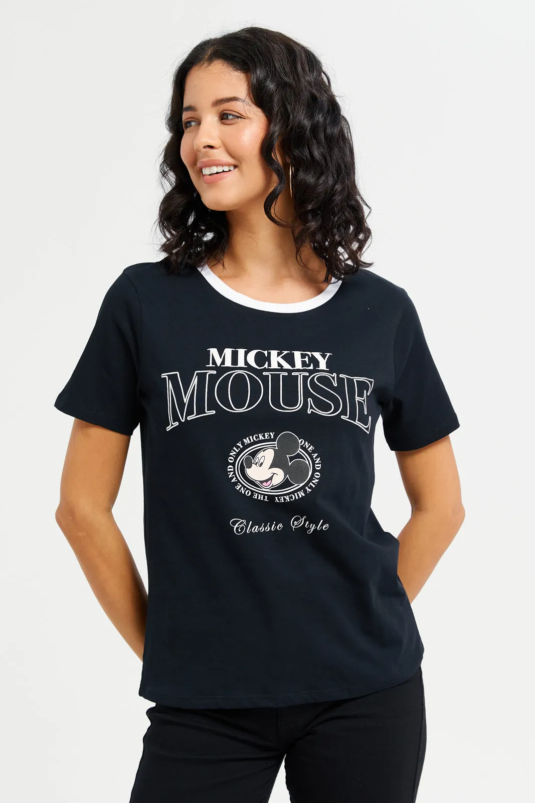 Women Black Mickey Mouse Printed T-Shirt