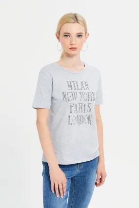 Women Grey Embellished T-Shirt