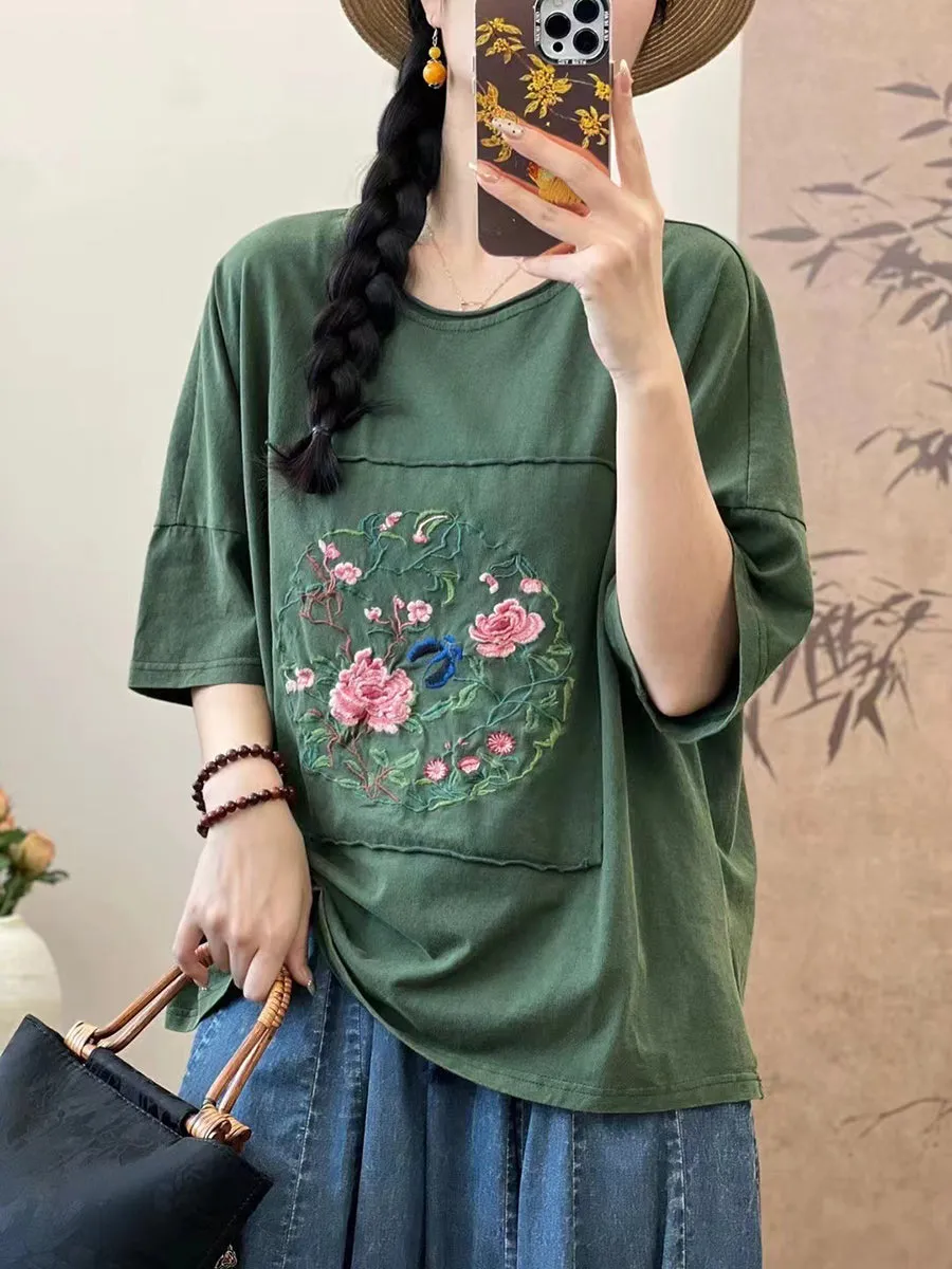 Women Summer Artsy Flower Embroidery Cotton Spliced Shirt AS1005