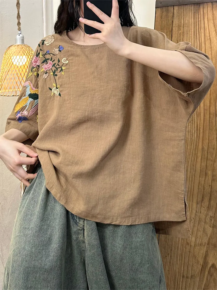 Women Summer Flower Embroidery Cotton Loose Shirt WE1043