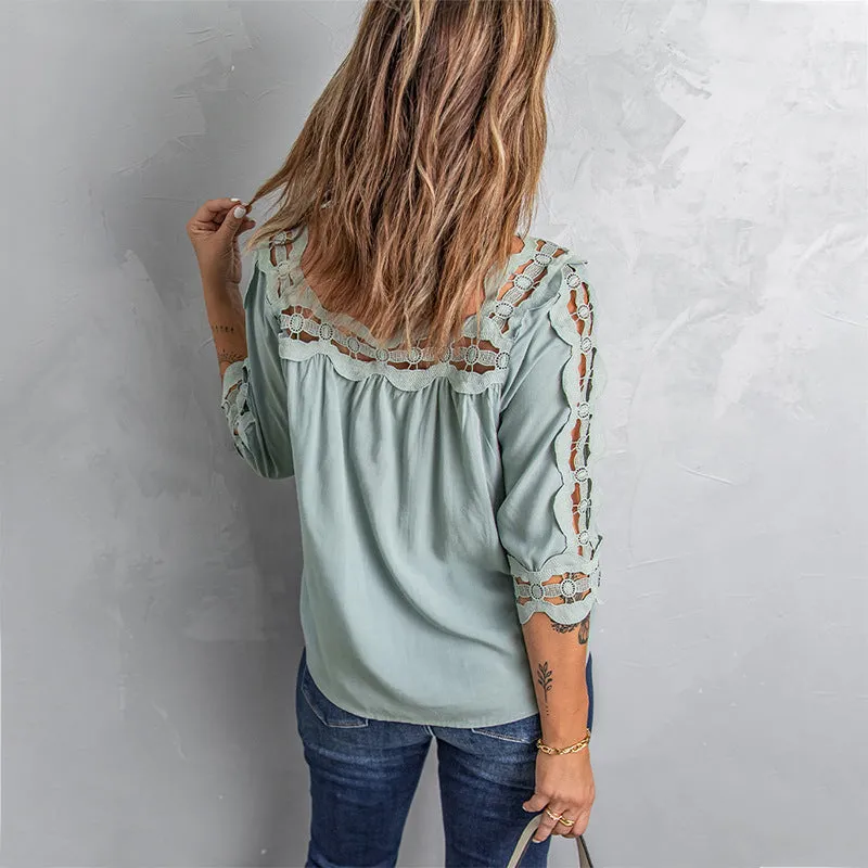 Women's Blouses Lace Panel Loose Half Sleeves Blouses