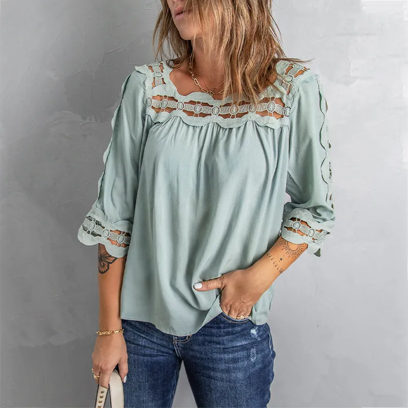 Women's Blouses Lace Panel Loose Half Sleeves Blouses