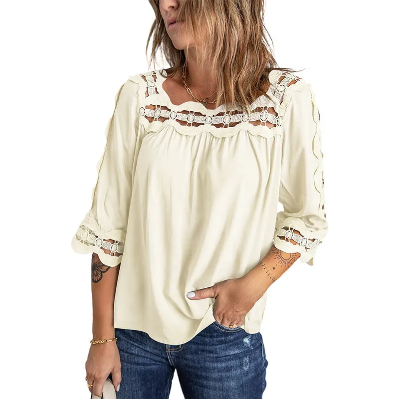 Women's Blouses Lace Panel Loose Half Sleeves Blouses