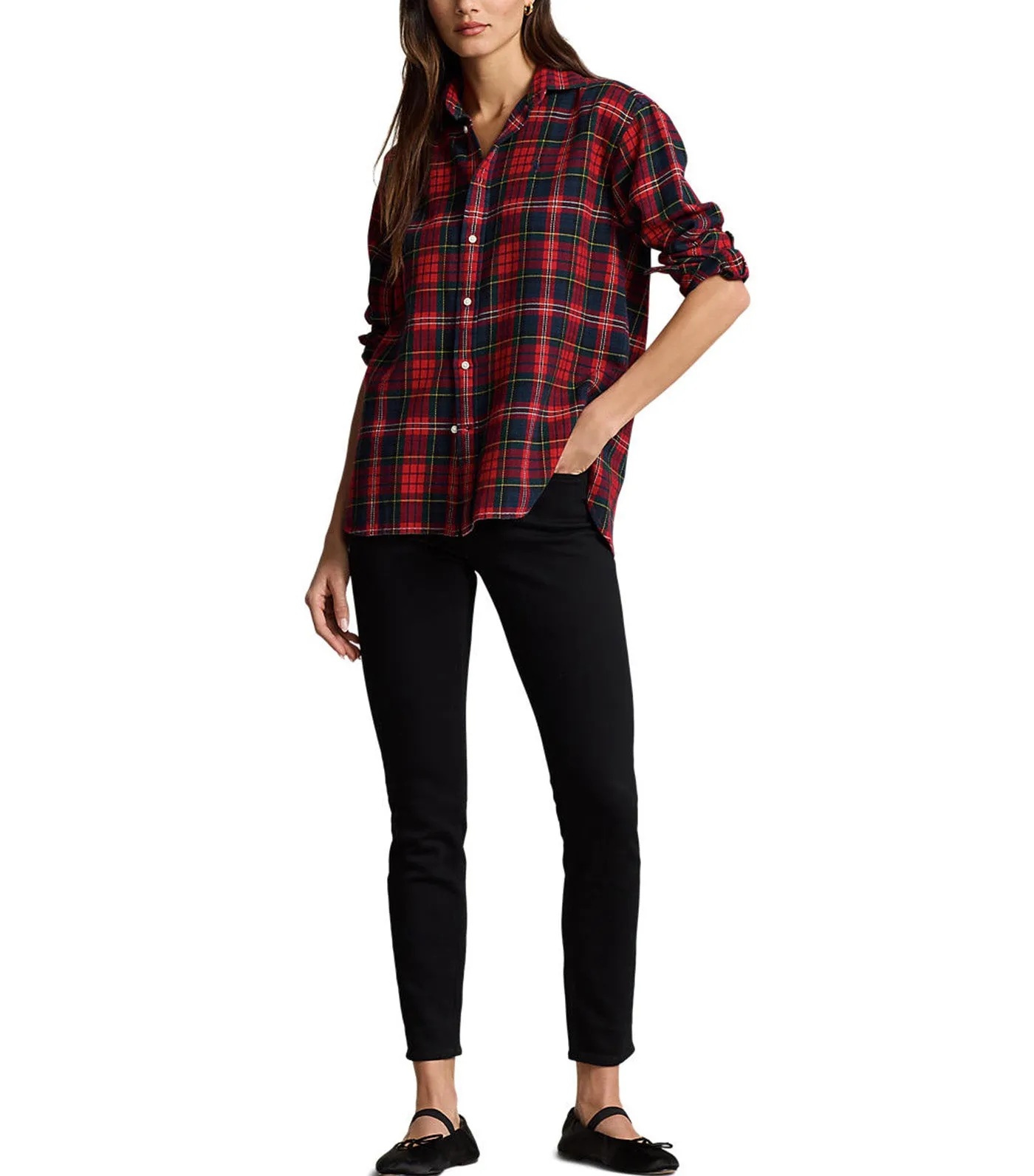 Women's Relaxed Fit Plaid Cotton Shirt Red Multi