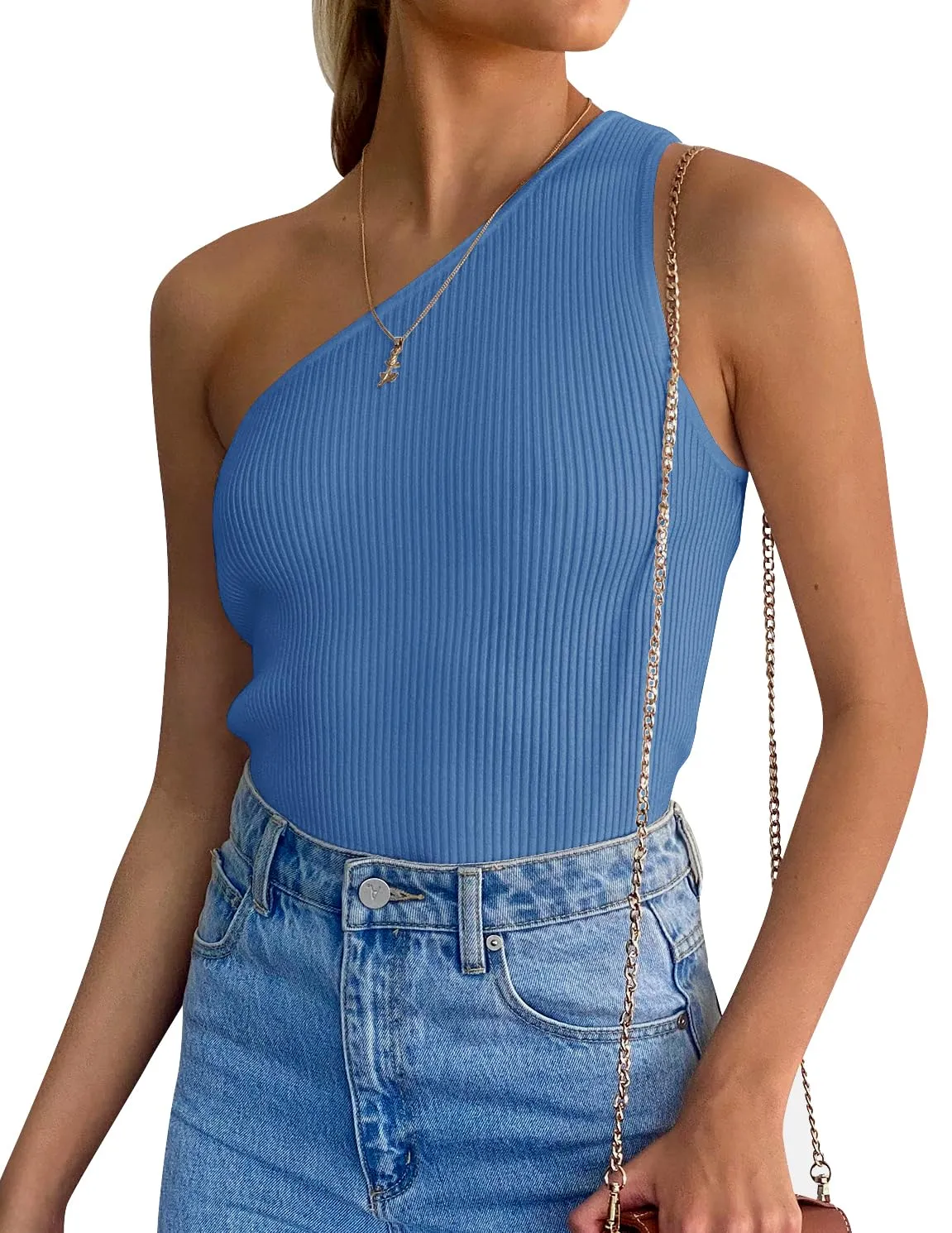 ZESICA One Shoulder Sleeveless Ribbed Knit Top