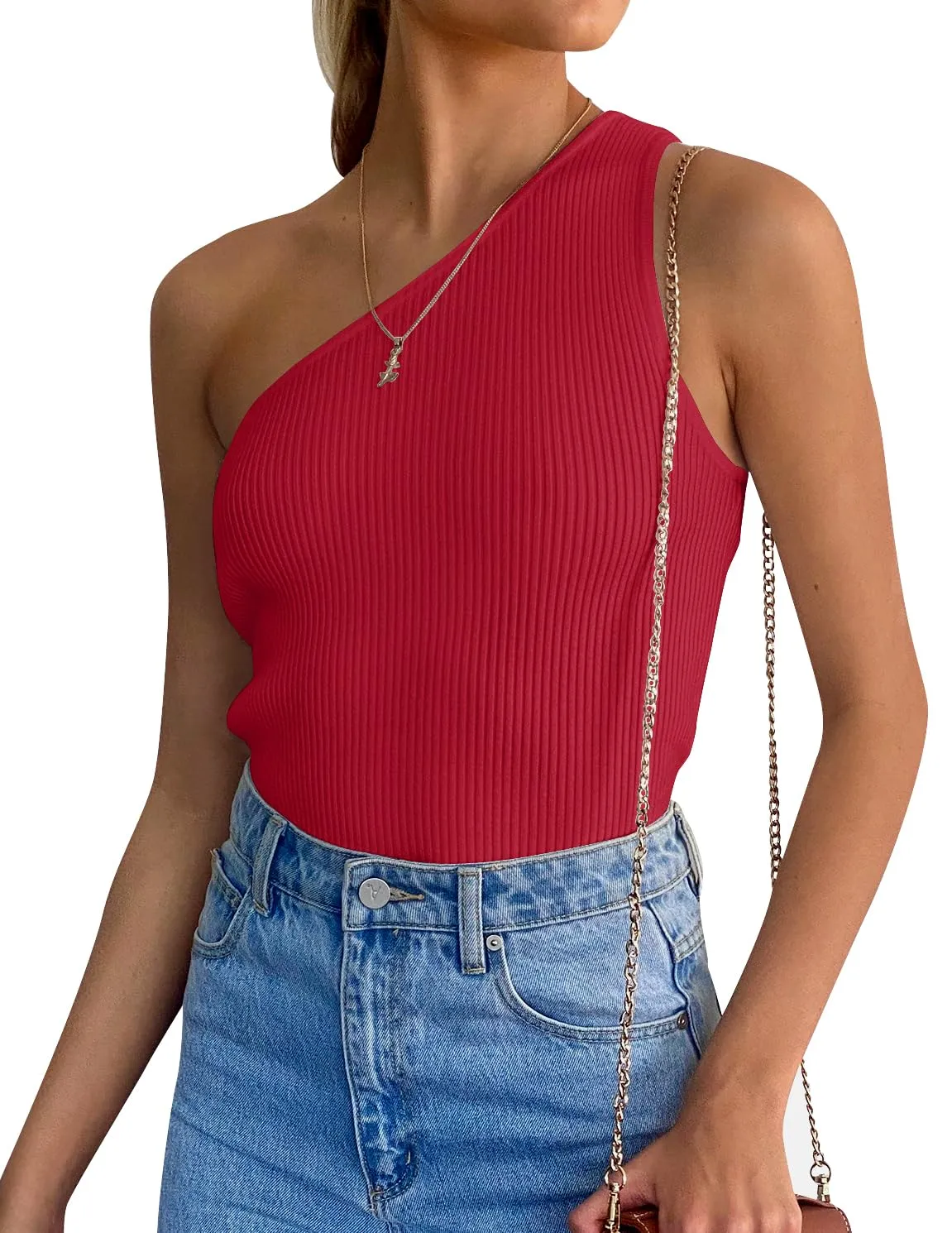 ZESICA One Shoulder Sleeveless Ribbed Knit Top